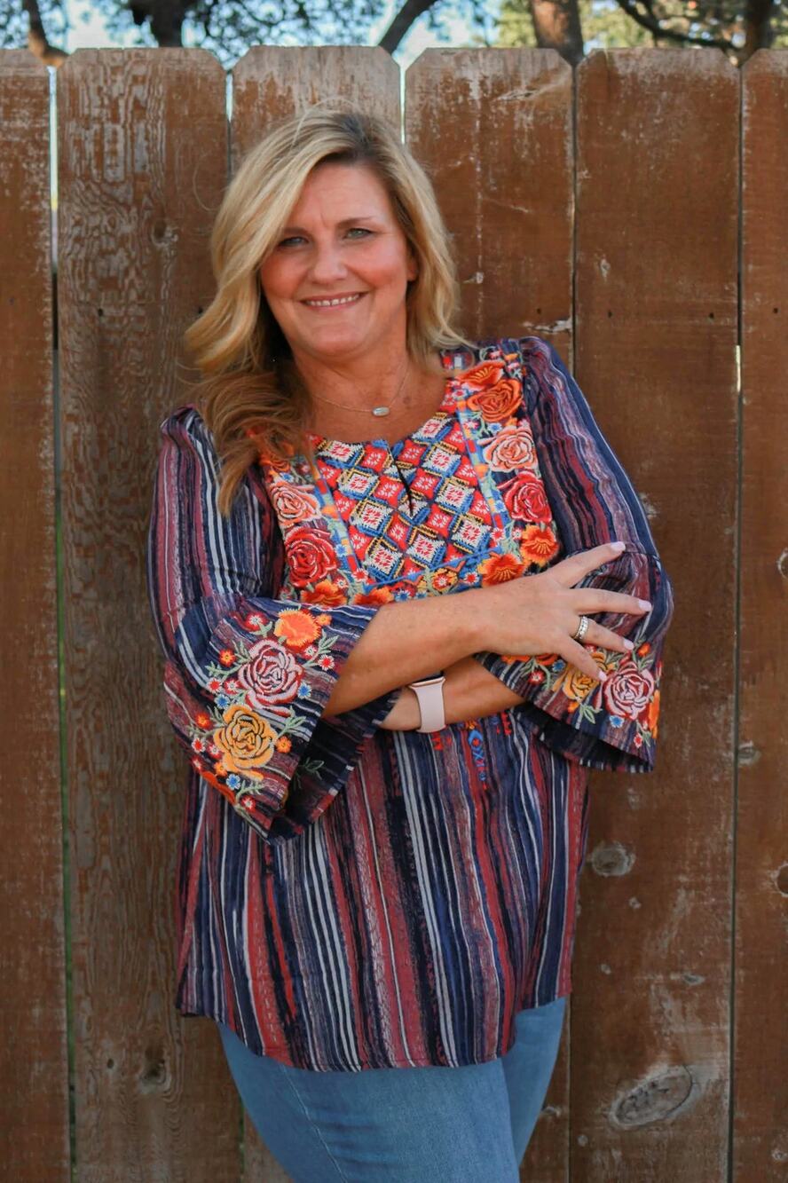 Savanna Jane Embroidered Bell Sleeve Multicolor Stripe Blouse Small